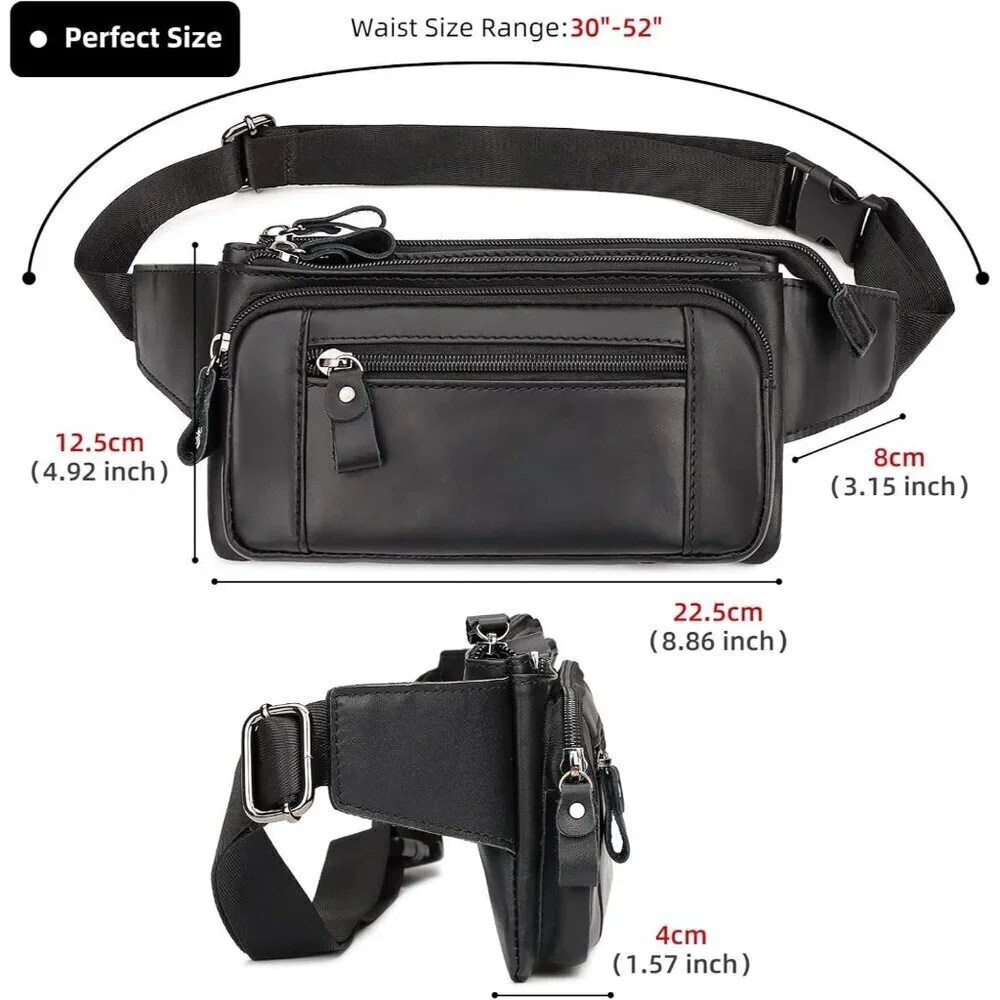 💫 Men Black Leather Adjustable Fashion Small Travel Hiking Cycling Waist Packs